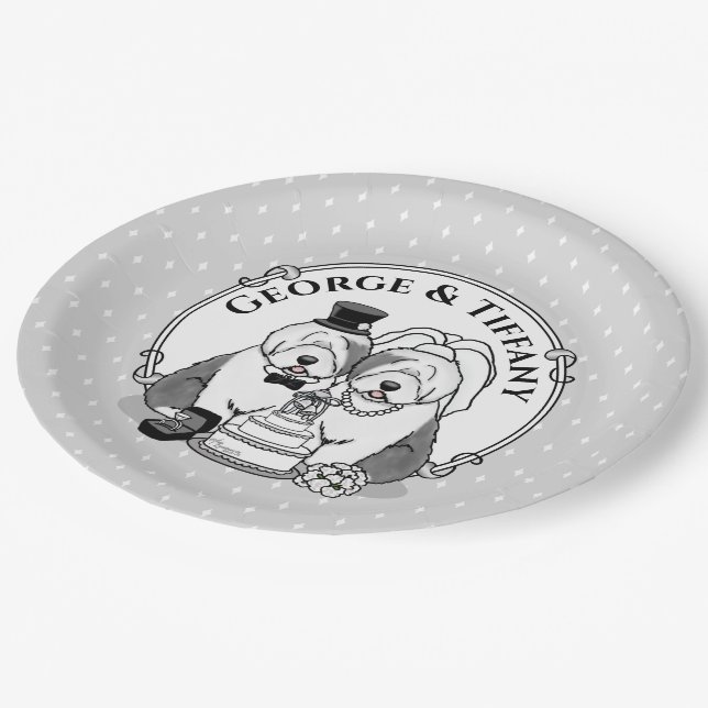 Wedding Old English Sheepdogs Bride Groom Gray 1 Paper Plates (Angled)