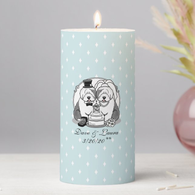 Wedding Old English Sheepdogs Bride Groom Gray 1 Pillar Candle (In Situ)