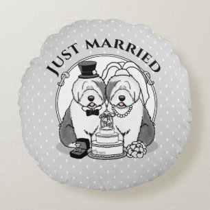 Wedding Old English Sheepdogs Bride Groom Gray 1 Round Pillow