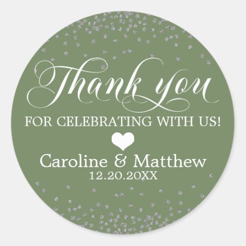 Wedding Olive Green Sparkle Silver THANK YOU Classic Round Sticker