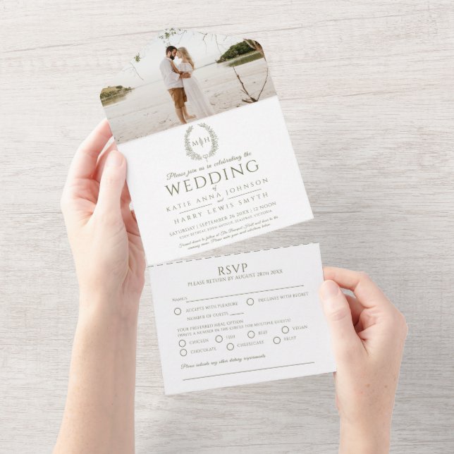 Wedding olive green white oval leaf monogram photo all in one invitation (Tearaway)
