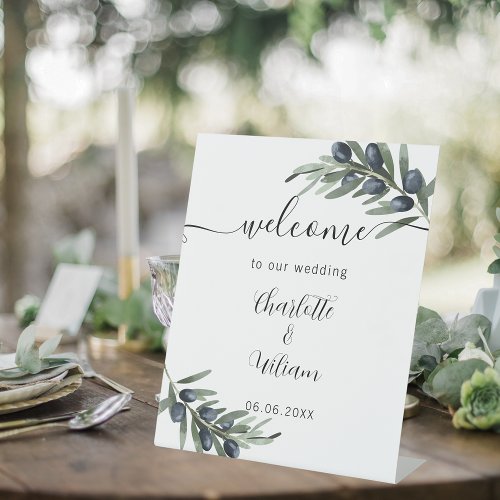 Wedding olive greenery leaf welcome pedestal sign