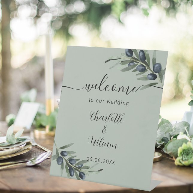 Wedding olive leaf greenery welcome pedestal sign (Creator Uploaded)