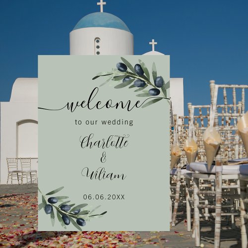 Wedding olive leaves greenery welcome poster