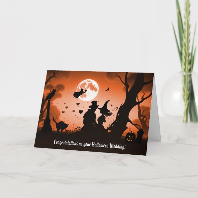 Wedding on Halloween Cute Couple with Witch Black  Card (Front)
