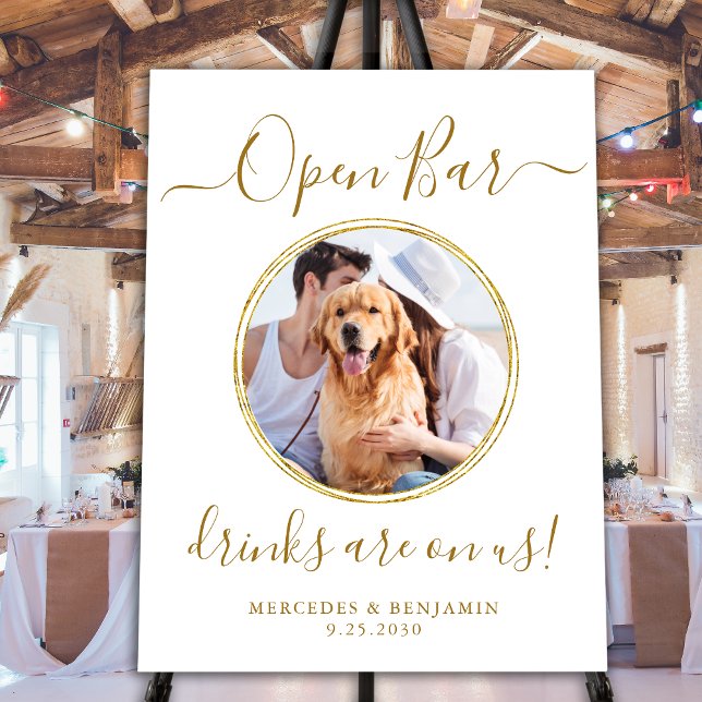 Wedding Open Bar Custom Pet Dog Photo Gold Drinks Foam Board (Creator Uploaded)