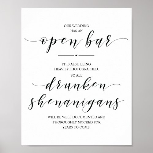 Wedding Open Bar drunken shenanigans sign