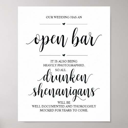 Wedding Open Bar drunken shenanigans sign