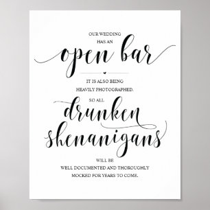 Wedding Open Bar, drunken shenanigans sign