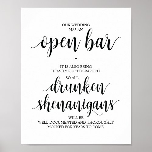 Wedding Open Bar drunken shenanigans sign
