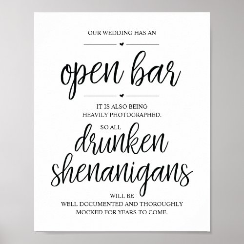 Wedding Open Bar drunken shenanigans sign