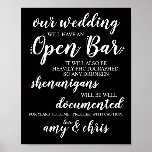 Wedding Open Bar Funny Drunken Shenanigans Sign