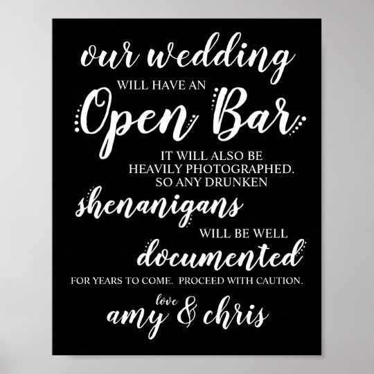 Wedding Open Bar Funny Drunken Shenanigans Sign | Zazzle.com