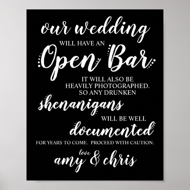 Wedding Open Bar Funny Drunken Shenanigans Sign (Front)
