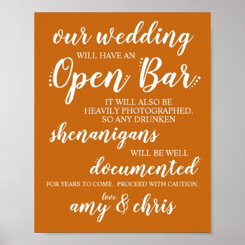 Wedding Open Bar Funny Drunken Shenanigans Sign W
