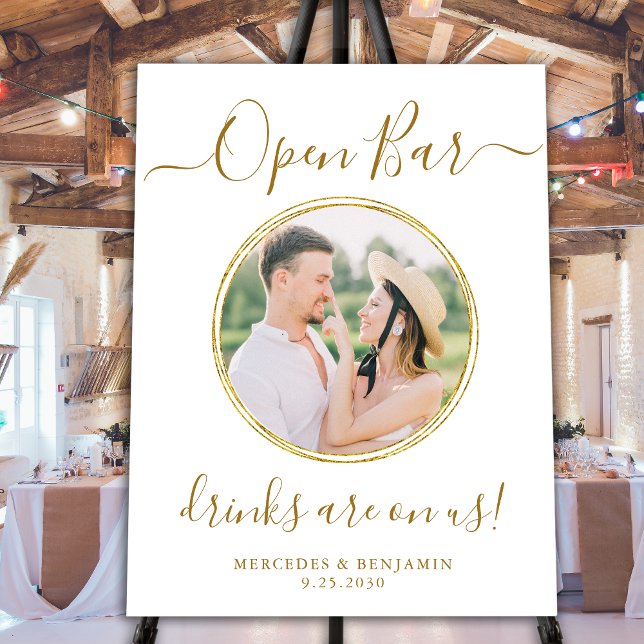 Wedding Open Bar Personalized Elegant Gold Photo  Foam Board (Creator Uploaded)