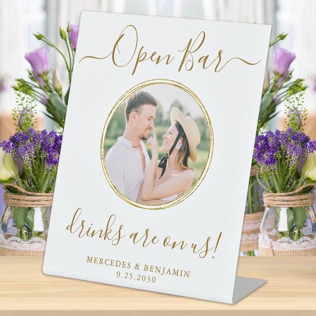Wedding Open Bar Personalized Elegant Gold Photo  Pedestal Sign (Creator Uploaded)