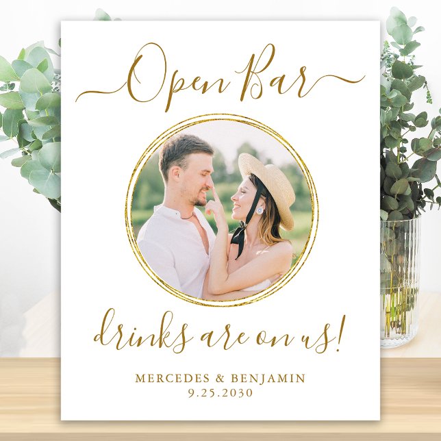 Wedding Open Bar Personalized Elegant Gold Photo Poster (Creator Uploaded)
