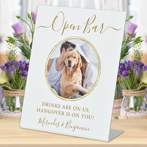 Wedding Open Bar Personalized Gold Pet Dog Drinks  Pedestal Sign