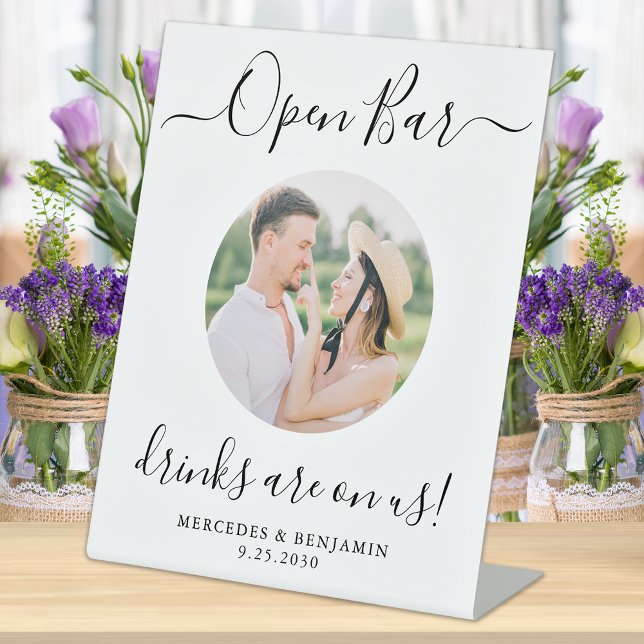 Wedding Open Bar Personalized Modern Photo Pedestal Sign (Creator Uploaded)