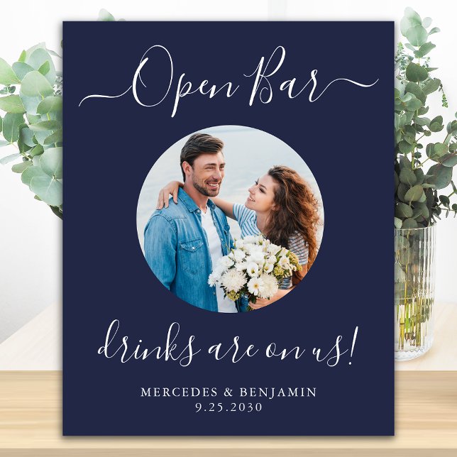 Wedding Open Bar Personalized Navy Blue Photo Poster (Creator Uploaded)