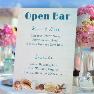 Wedding Open Bar Seashells Pedestal Sign