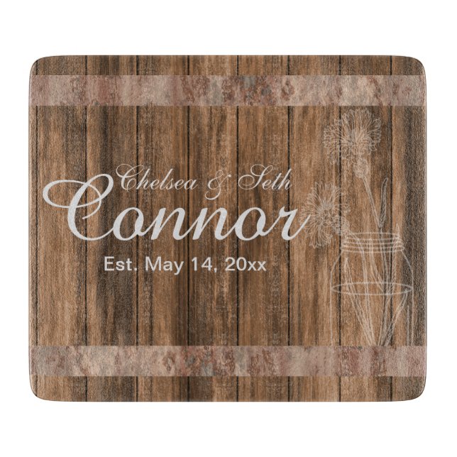 Wedding or Anniversary Barn Wood Mason Jar Cutting Board (Front)