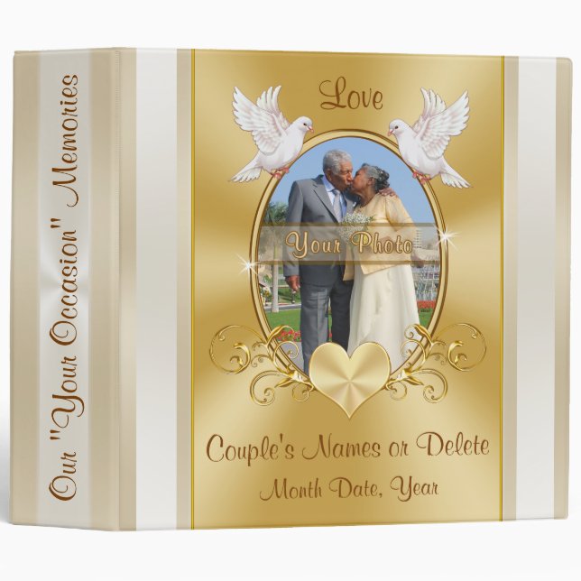 Wedding or Anniversary Photo Album Binder, Gold 3 Ring Binder (Front/Spine)