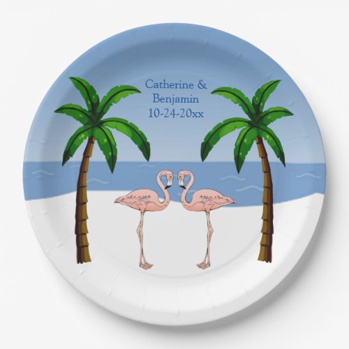 Wedding or Engagement Flamingos Beach Palm Trees Paper Plates