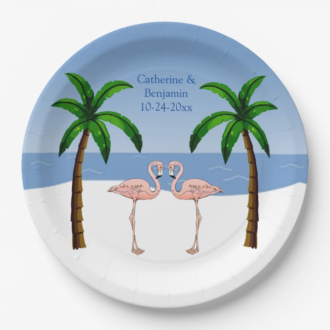 Wedding or Engagement Flamingos Beach Palm Trees Paper Plates (Front)