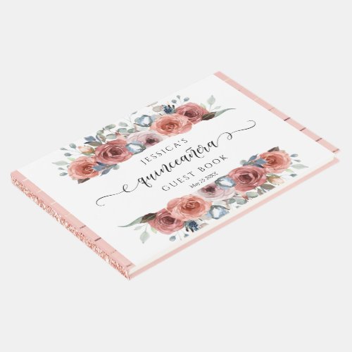Wedding or Other Pink Gold and Dusty Blue Floral Guest Book