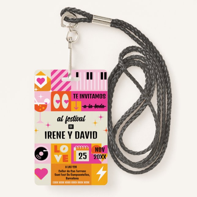Wedding Orange and Pink Festival Retro WedFest Badge (Front with Lanyard)