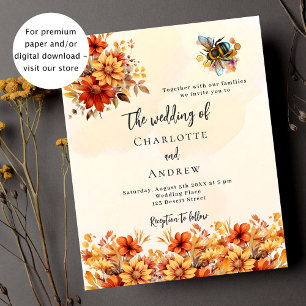 Wedding orange florals bee budget invitation