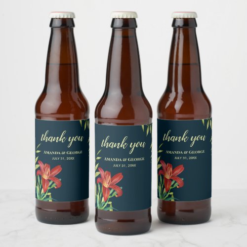 Wedding Orange Lily Illustration Dark Turquoise Beer Bottle Label