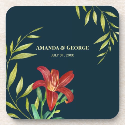 Wedding Orange Lily Illustration Dark Turquoise Beverage Coaster