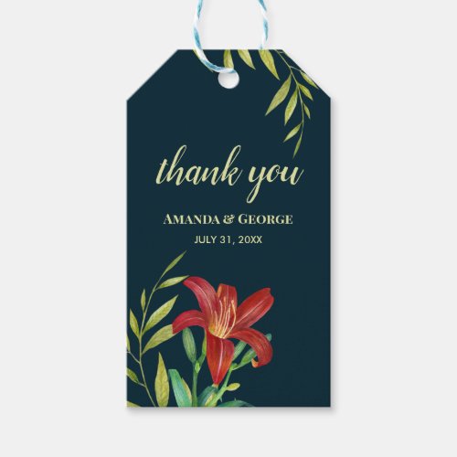 Wedding Orange Lily Illustration Dark Turquoise Gift Tags