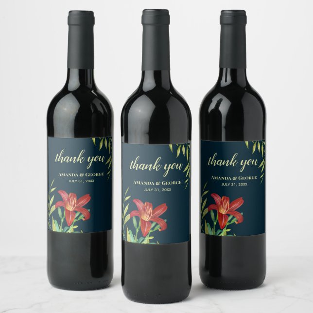 Wedding Orange Lily Illustration Dark Turquoise Wine Label (Bottles)