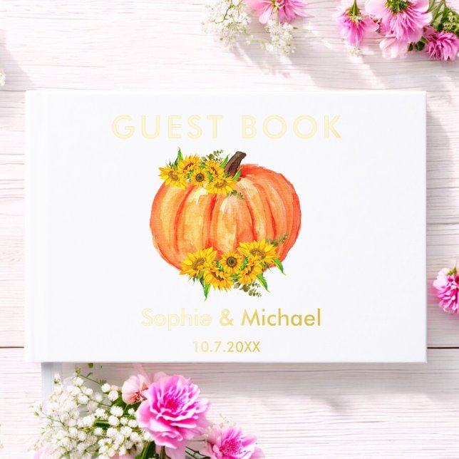 Wedding Orange Pumpkin Fall Sunflower  Foil Guest Book (Creator Uploaded)