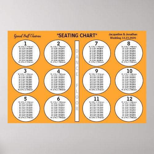 Wedding Orange White 12 Table Seating Chart