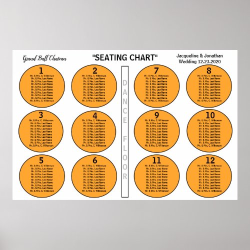 Wedding Orange White 12 Table Seating Chart