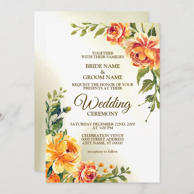 Wedding Orange Yellow Red Floral Greenery Modern Invitation (Front/Back)
