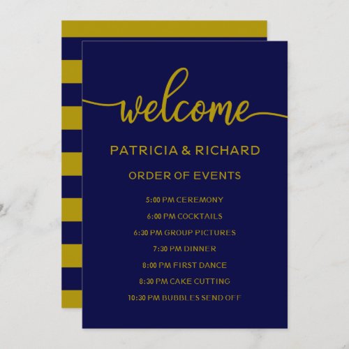 Wedding Order of Events Gold Navy Blue Schedule Invitation