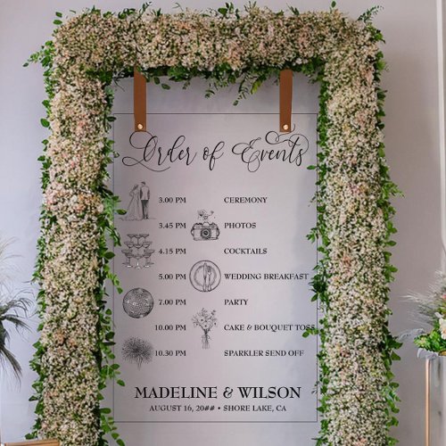 Wedding Order of Events Icons Calligraphy Clear Acrylic Sign