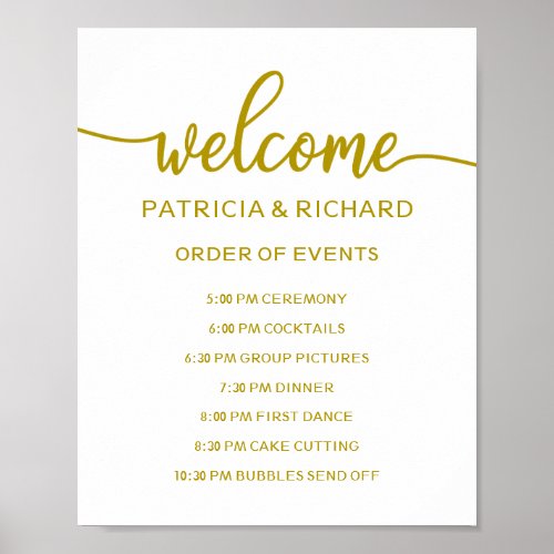 Wedding Order of Events Sign  Gold Calligraphy