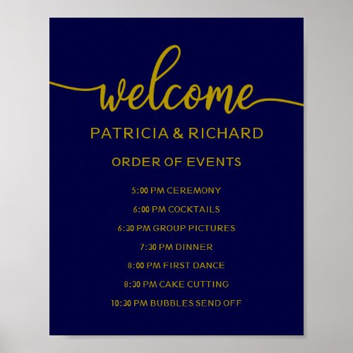 Wedding Order of Events Sign  Gold Navy Blue