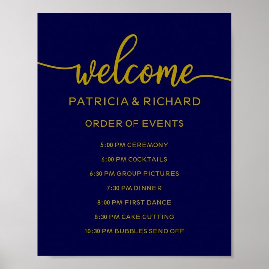 Wedding Order Of Events Sign Gold Navy Blue Zazzle Com