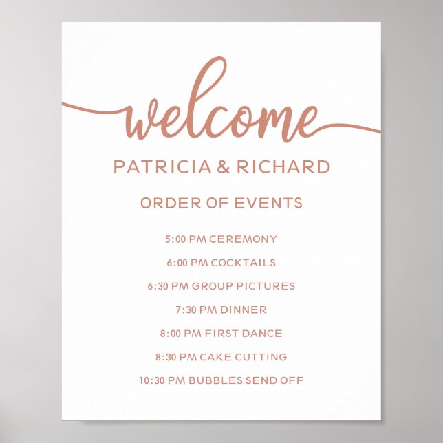 Wedding Order of Events Sign Rose Gold Calligraphy (Front)