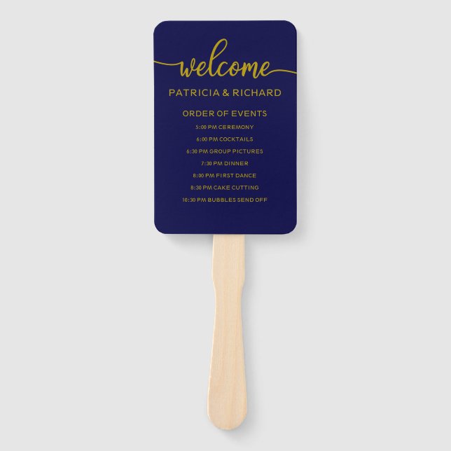 Wedding Order of Events Timeline Navy Blue Hand Fan (Front)