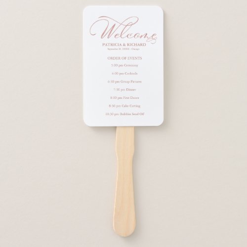 Wedding Order of Events Timeline Rose Gold Foil Hand Fan