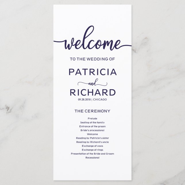 Wedding Order of Service Program Chic Navy Blue (Front)